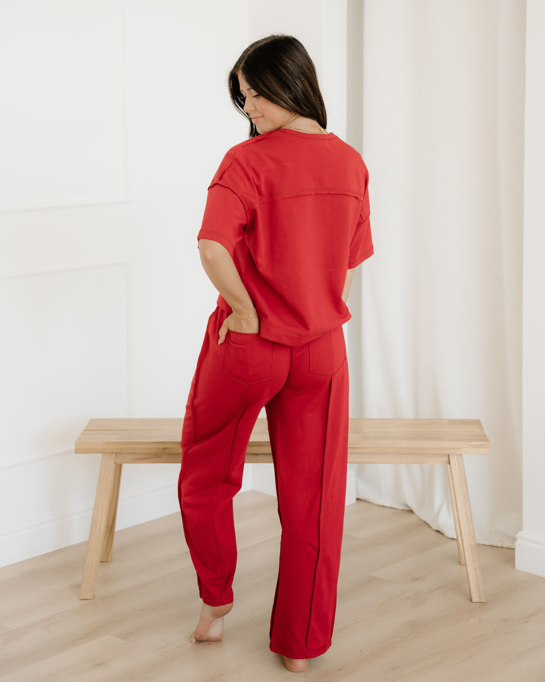 Drop Shoulder Boxy Tee and Barrel Pants Set - Racing Red