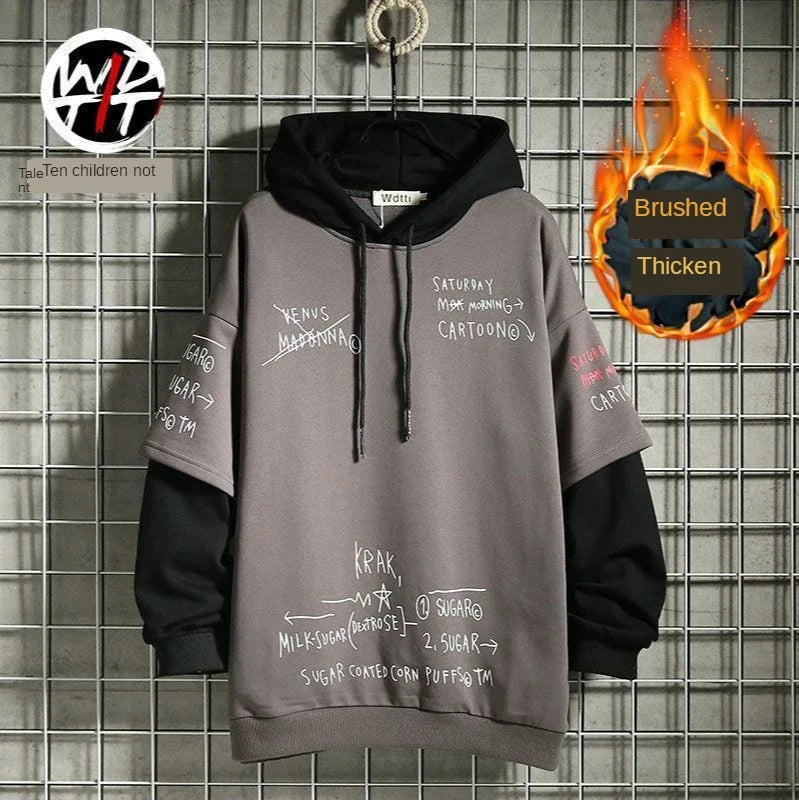 Men's Sweater Retro Mock Two-Piece Hooded Korean Hip Hop Print Sweatshirt Loose Hoodie Male Fleece Padded Jacket