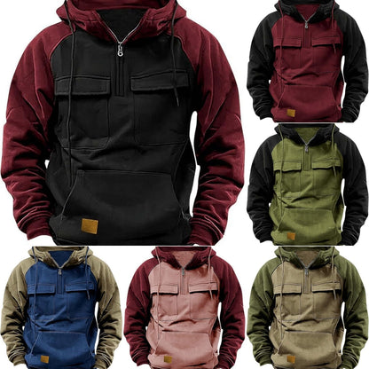Fall Winter Retro Cargo Hoodies Men's Half Zipper Solid Warm Fleece Sweatshirts Multi Pockets Male Hooded Jackets Thick Outdoor Hooded