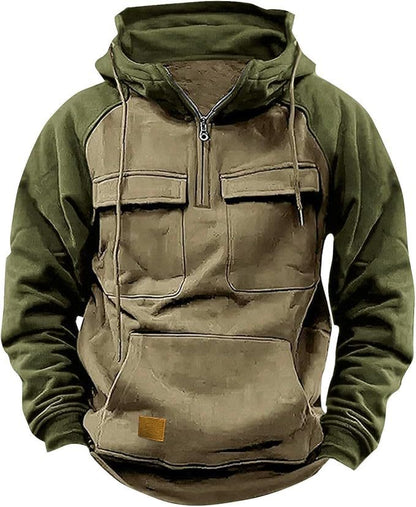 Fall Winter Retro Cargo Hoodies Men's Half Zipper Solid Warm Fleece Sweatshirts Multi Pockets Male Hooded Jackets Thick Outdoor Hooded