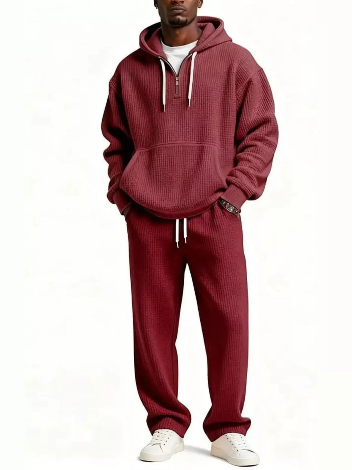 Men's Full Size Casual Waffle Knit Hoodie and Pants Set Plus Size