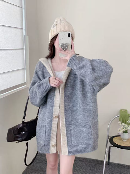 Women 2026 Fall Winter New,Hooded Knit Cardigan,Mid-Length With Pockets,Loose Lazy-Style Versatile Sweater Coat