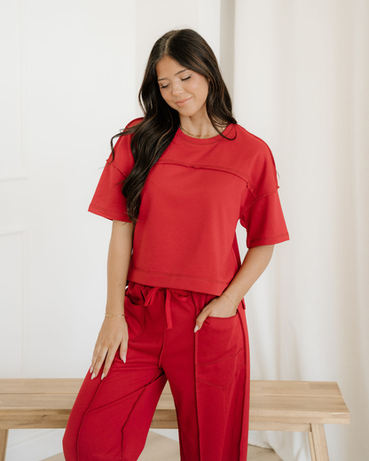 Drop Shoulder Boxy Tee and Barrel Pants Set  - Racing Red