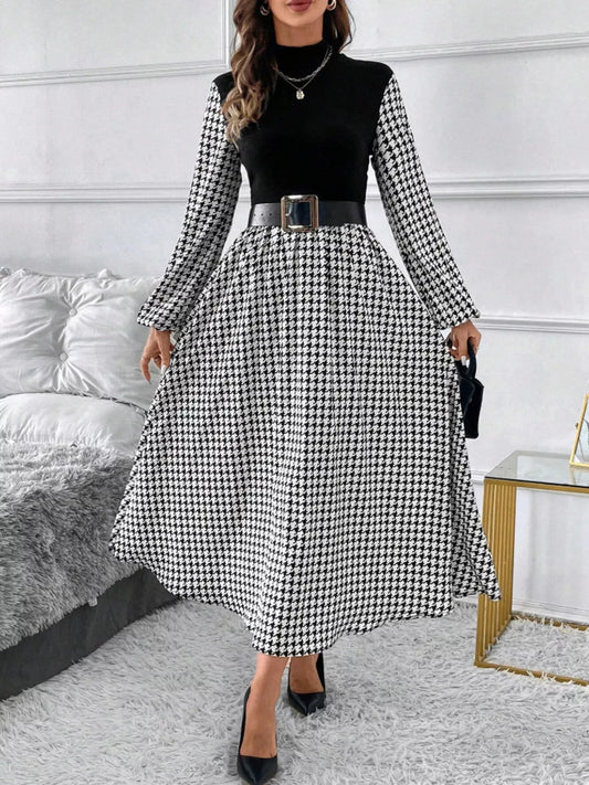 Houndstooth Mock Neck A-Line Dress