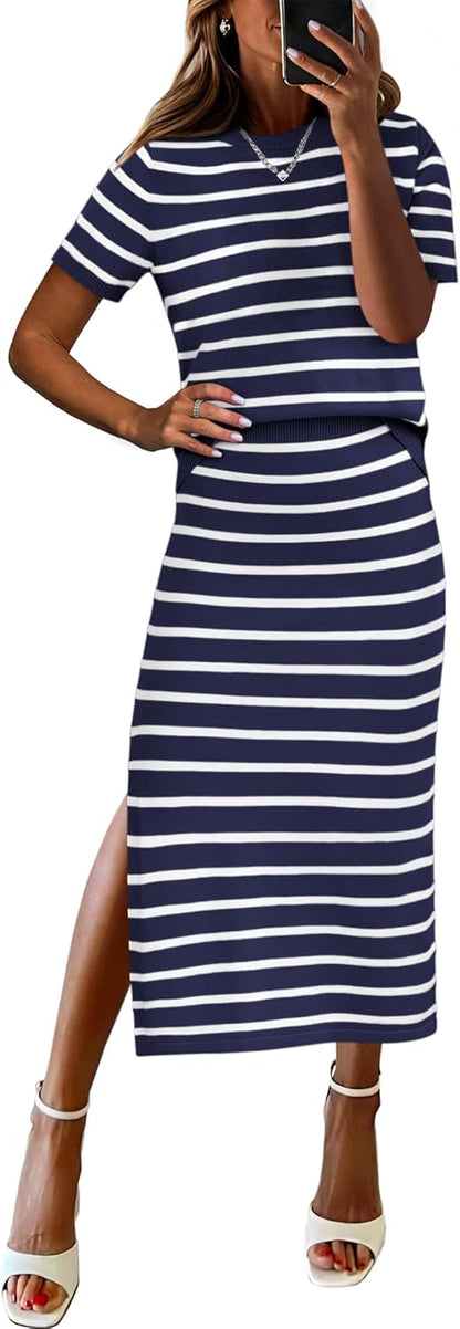 ANRABESS Womens 2 Piece Outfits Striped Sweater Skirt Sets 2025 Summer Casual Short Sleeve Pullover Tops Travel Midi Dress