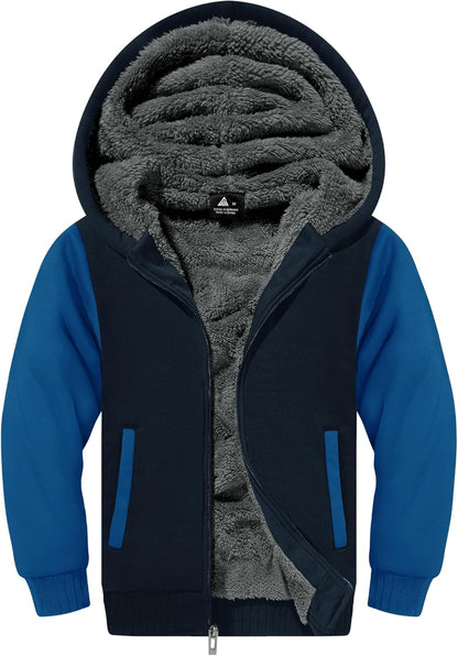 SWISSWELL Hooded Jacket for Boys Full Zip Ultra Soft Sherpa Fleece Hoodie Sweatshirt for Kids School Hooded Outerwear