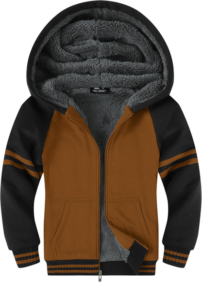 SWISSWELL Hooded Jacket for Boys Full Zip Ultra Soft Sherpa Fleece Hoodie Sweatshirt for Kids School Hooded Outerwear