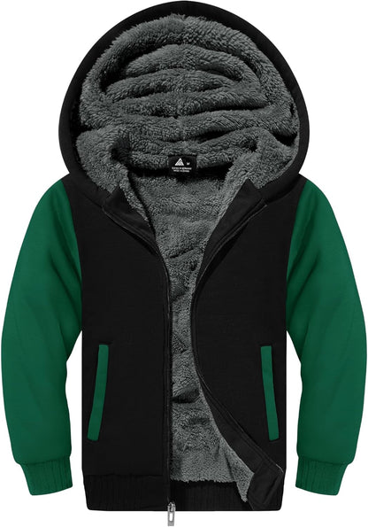 SWISSWELL Hooded Jacket for Boys Full Zip Ultra Soft Sherpa Fleece Hoodie Sweatshirt for Kids School Hooded Outerwear
