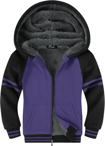 SWISSWELL Hooded Jacket for Boys Full Zip Ultra Soft Sherpa Fleece Hoodie Sweatshirt for Kids School Hooded Outerwear