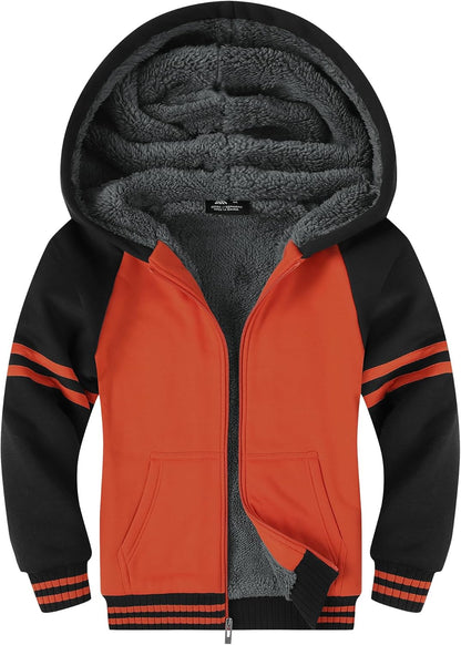 SWISSWELL Hooded Jacket for Boys Full Zip Ultra Soft Sherpa Fleece Hoodie Sweatshirt for Kids School Hooded Outerwear