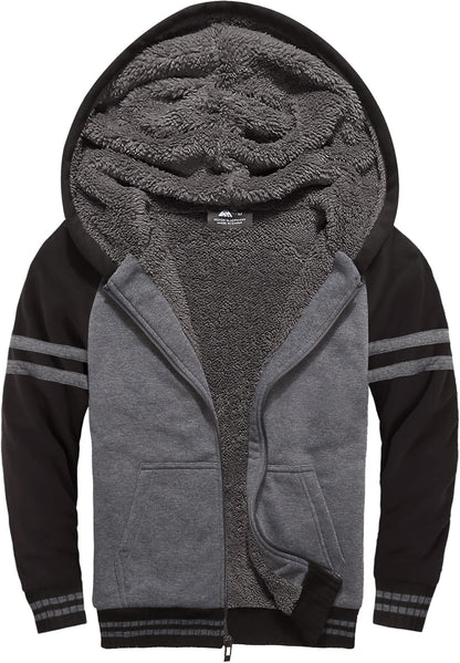 SWISSWELL Hooded Jacket for Boys Full Zip Ultra Soft Sherpa Fleece Hoodie Sweatshirt for Kids School Hooded Outerwear