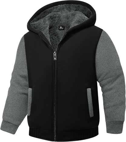 SWISSWELL Hooded Jacket for Boys Full Zip Ultra Soft Sherpa Fleece Hoodie Sweatshirt for Kids School Hooded Outerwear