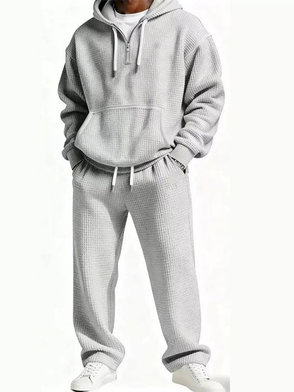Men's Full Size Casual Waffle Knit Hoodie and Pants Set Plus Size