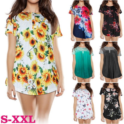 Women Summer Shirts Tops Loose Short Sleeve T Shirts Casual Floral Printed Button Shirts Blouse S-XXL