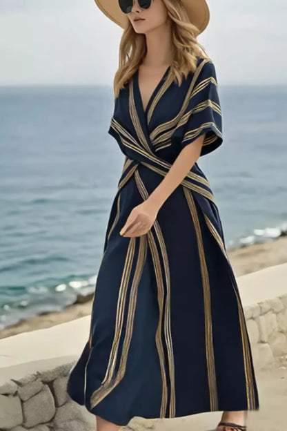 Striped Wrap Half Sleeve Maxi Dress