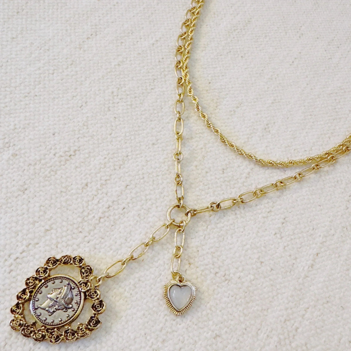 Double Chain Heart Pendant Necklace – Layered Gold Links with
