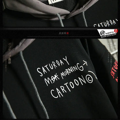 Men's Sweater Retro Mock Two-Piece Hooded Korean Hip Hop Print Sweatshirt Loose Hoodie Male Fleece Padded Jacket
