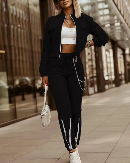 Women’s Zipper Crop Jacket & High Waist Pants