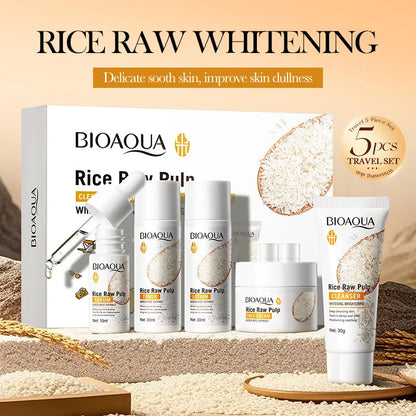 5pcs BIOAOUA Rice Raw Whitening Set Brighten Hydrating Moisturize Soothing Facial Cleanser+toner+essence+lotion+cream Skincare