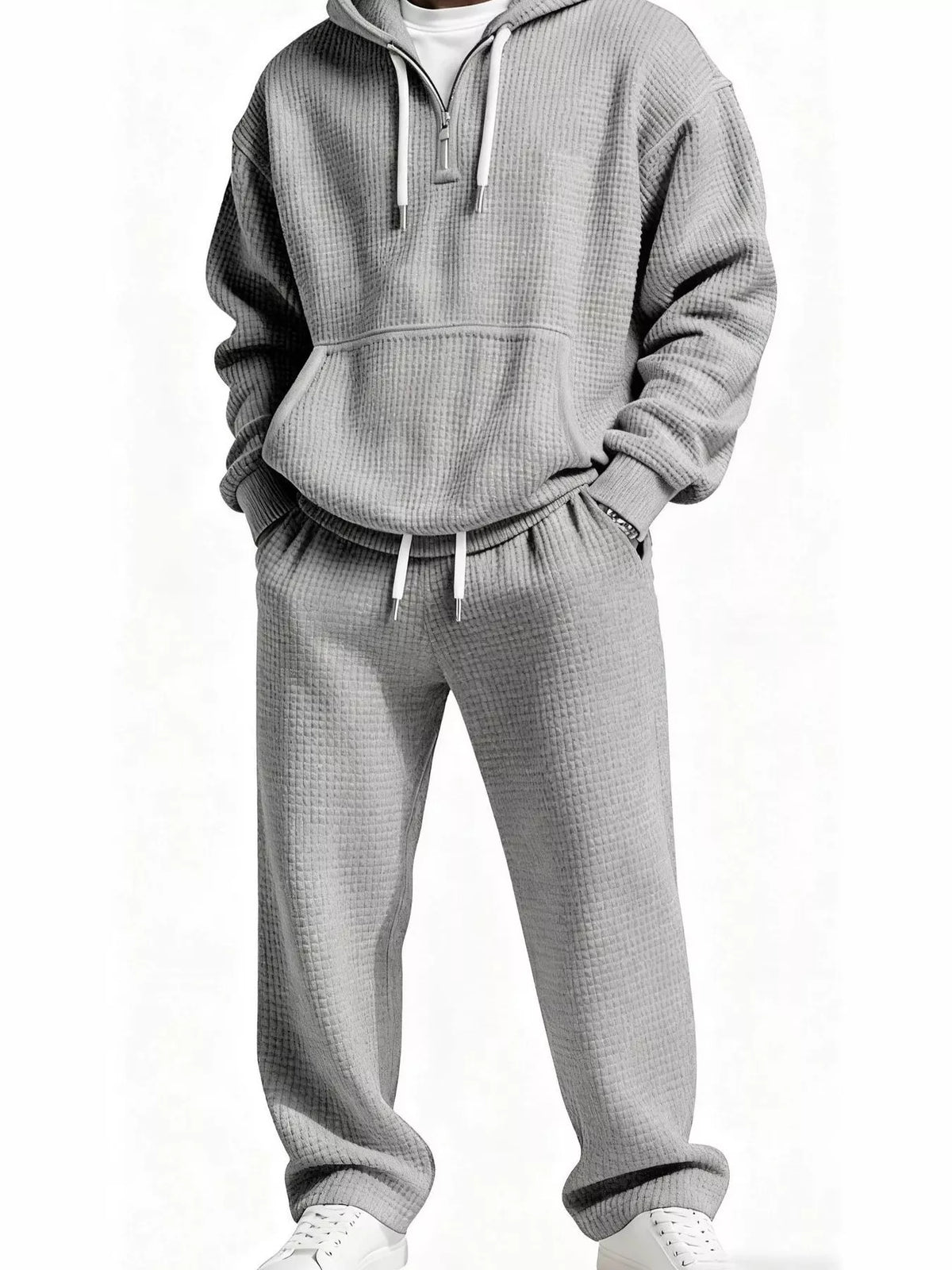 Men's Full Size Casual Waffle Knit Hoodie and Pants Set Plus Size
