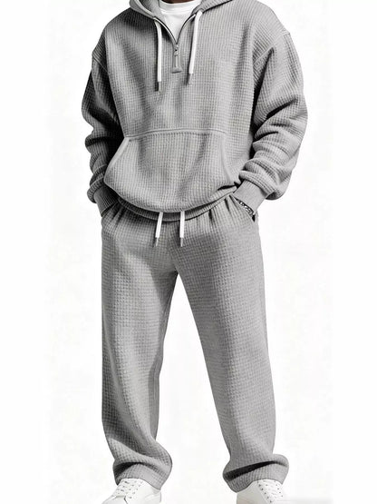 Men's Full Size Casual Waffle Knit Hoodie and Pants Set Plus Size