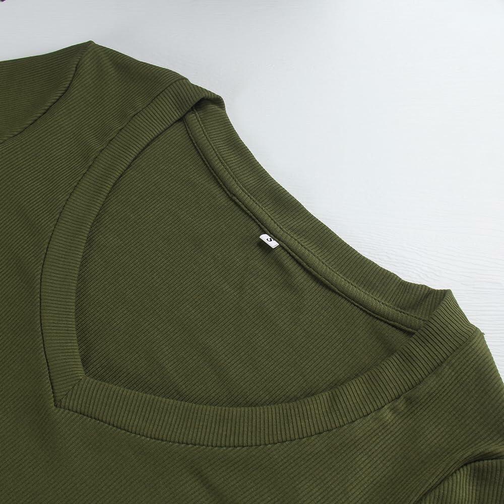 Artfish Women's Ribbed V Neck Crop Top Long Sleeve Slim Fit Olive Green L